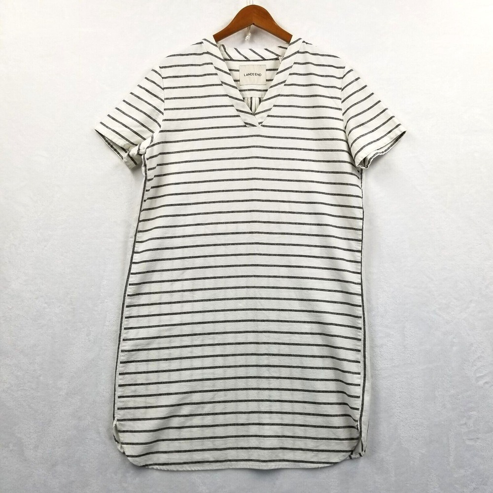 Lands End Dress Women 12 White Black Stripe Linen Shift Everyday Nautical